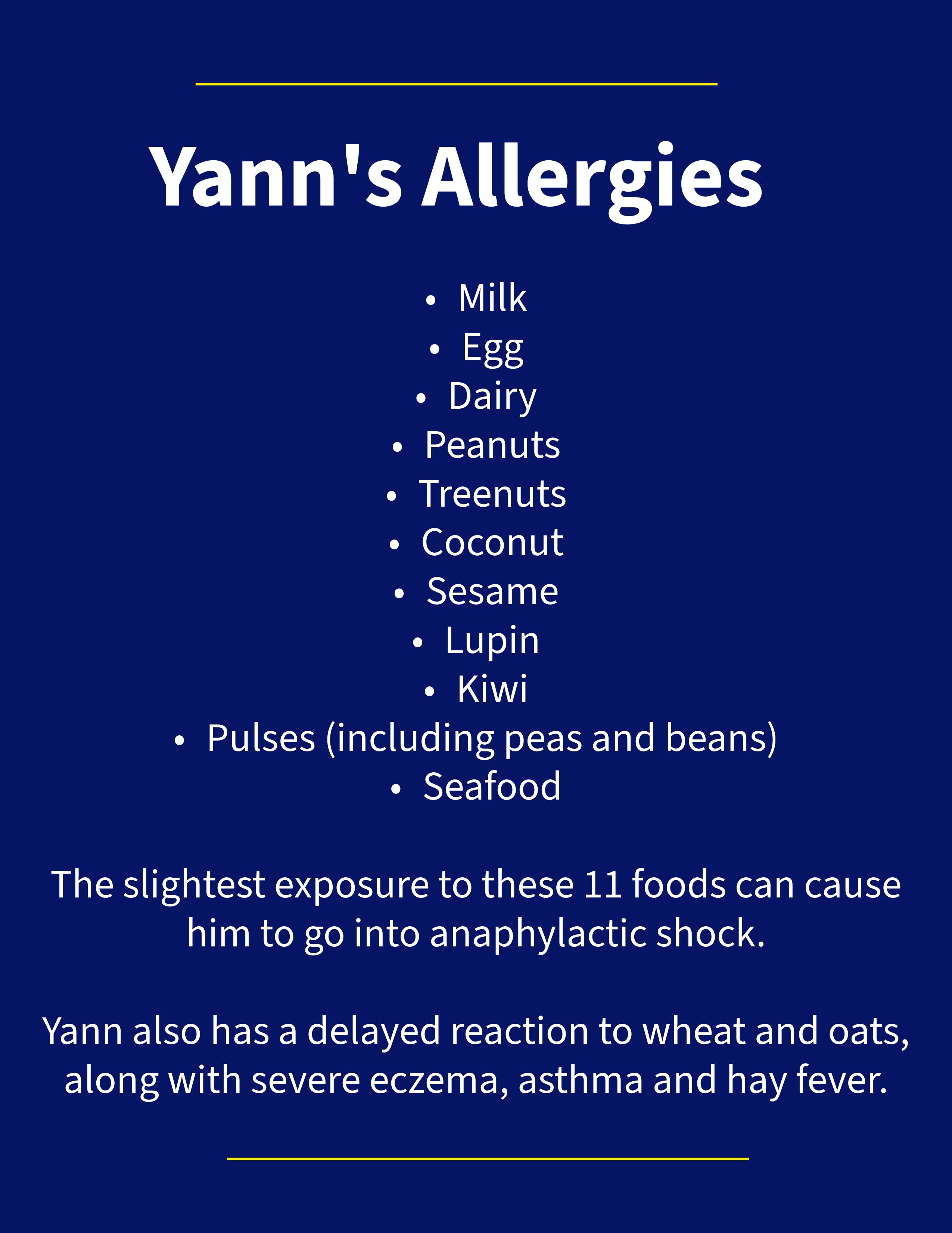A list of the 11 foods Yann is allergic to. 
