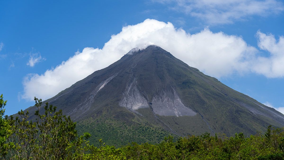 A conical volcano.