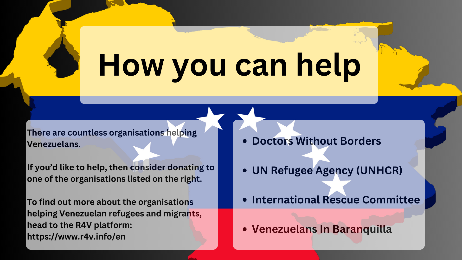 An infographic containing links to organisations that help Venezuelan refugees.